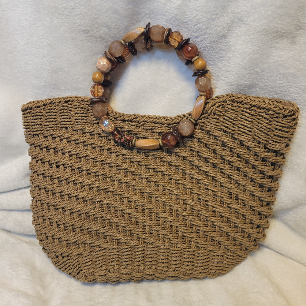 Poppie Jones Brown Woven Handbag with Beaded Handle - Picture 1 of 8